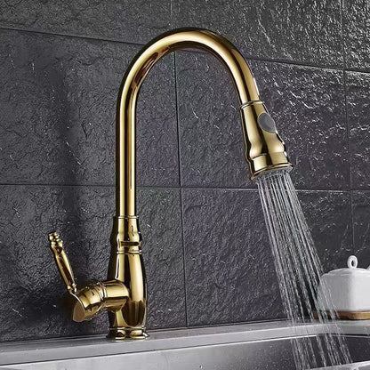 Traditional High-Arc Pull-Down Kitchen Faucet, Single-Handle Single-Hole Brass Faucet, Oil-Rubbed Bronze / Chrome / Brushed Nickel / Polished Gold
