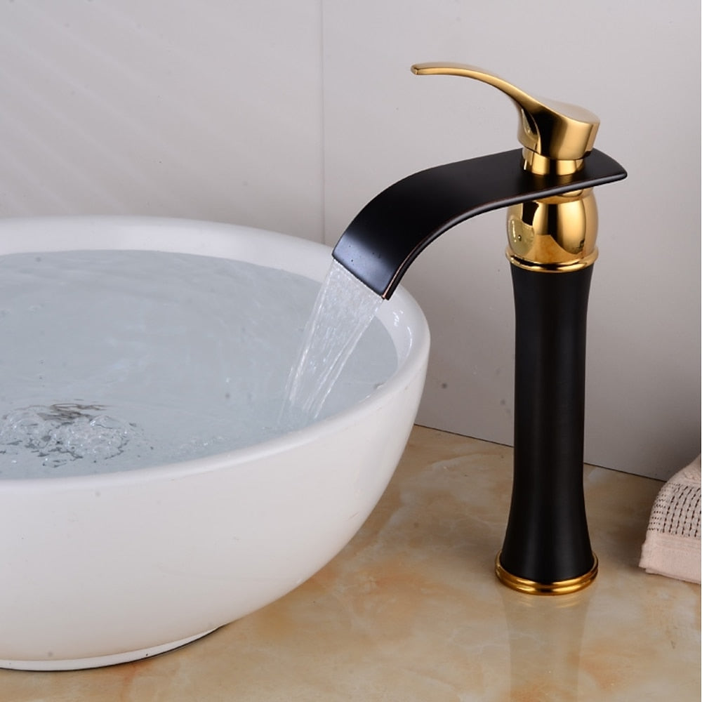 Modern Waterfall Vessel Sink Faucet, Two-Tone Matte Black Gold Single-Handle Faucet