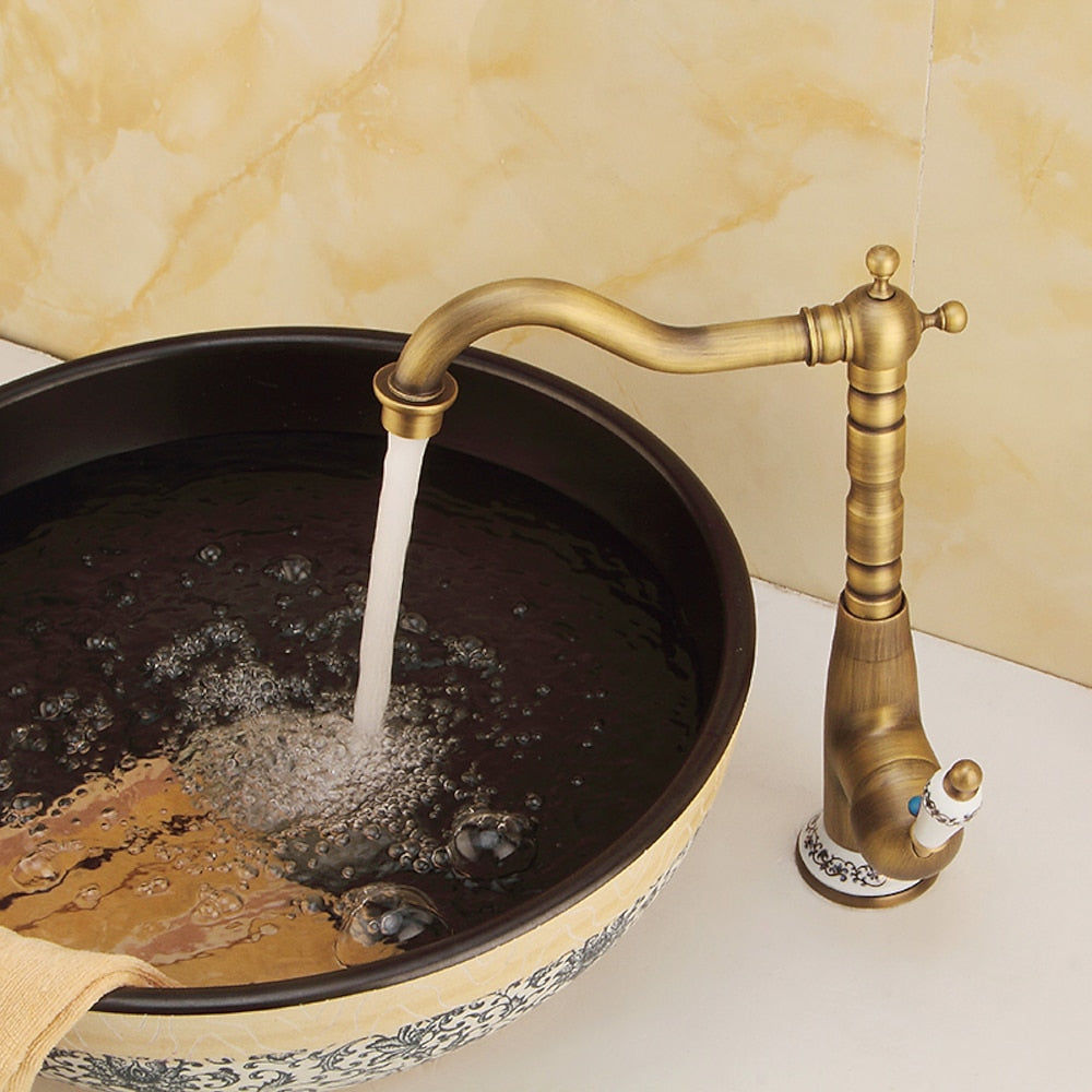 Antique Single-Hole Vessel Sink Faucet, High-Arc Faucet with Ceramic Lever Handle