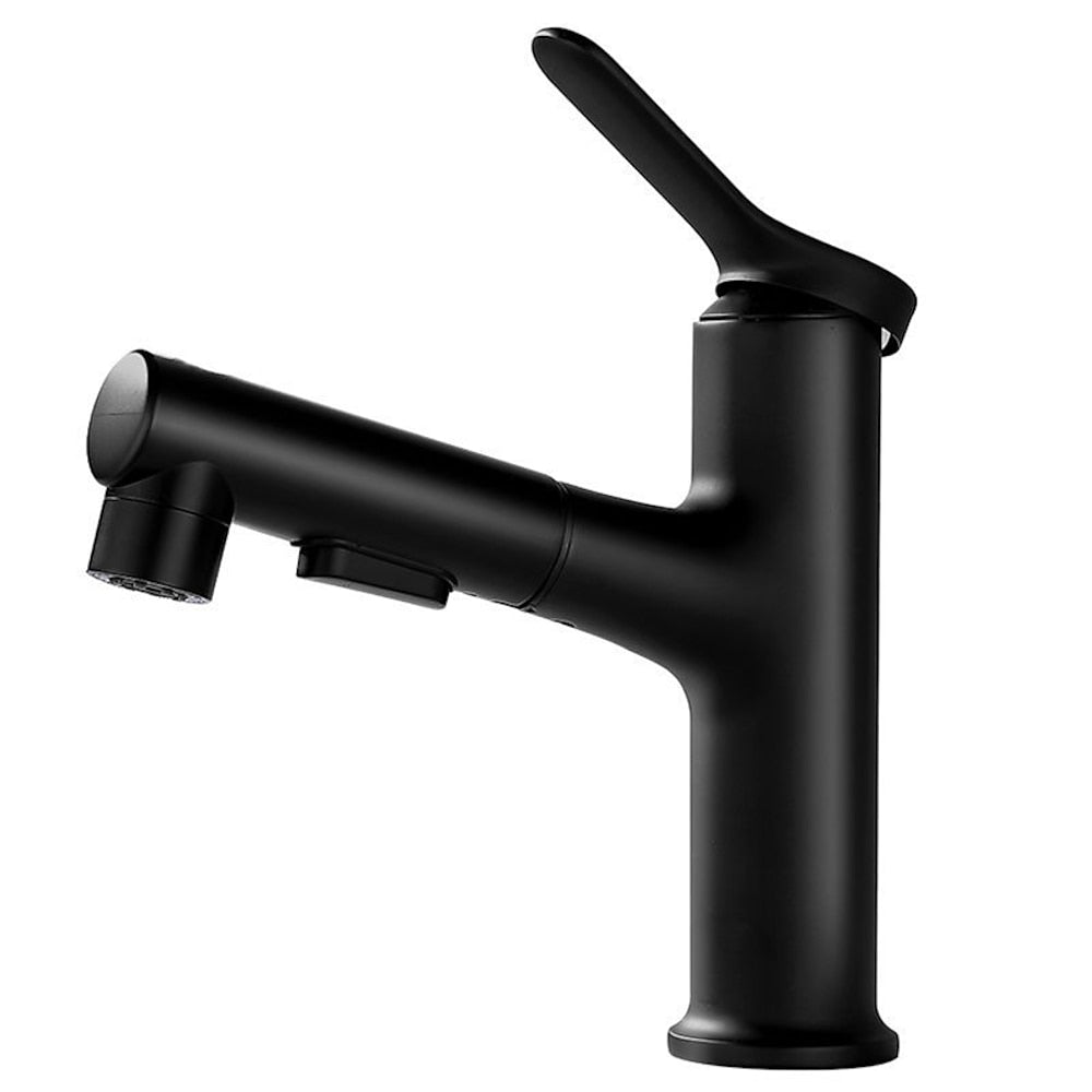 Pull-Out Single-Hole Bathroom Faucet, Single-Handle Basin Tap, Matte Black / Chrome