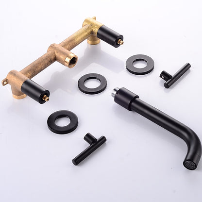 Wall-Mount Bathroom Sink Faucet, Double-Handle Brass Basin Faucet with Rough-in Valve, Matte Black / Chrome