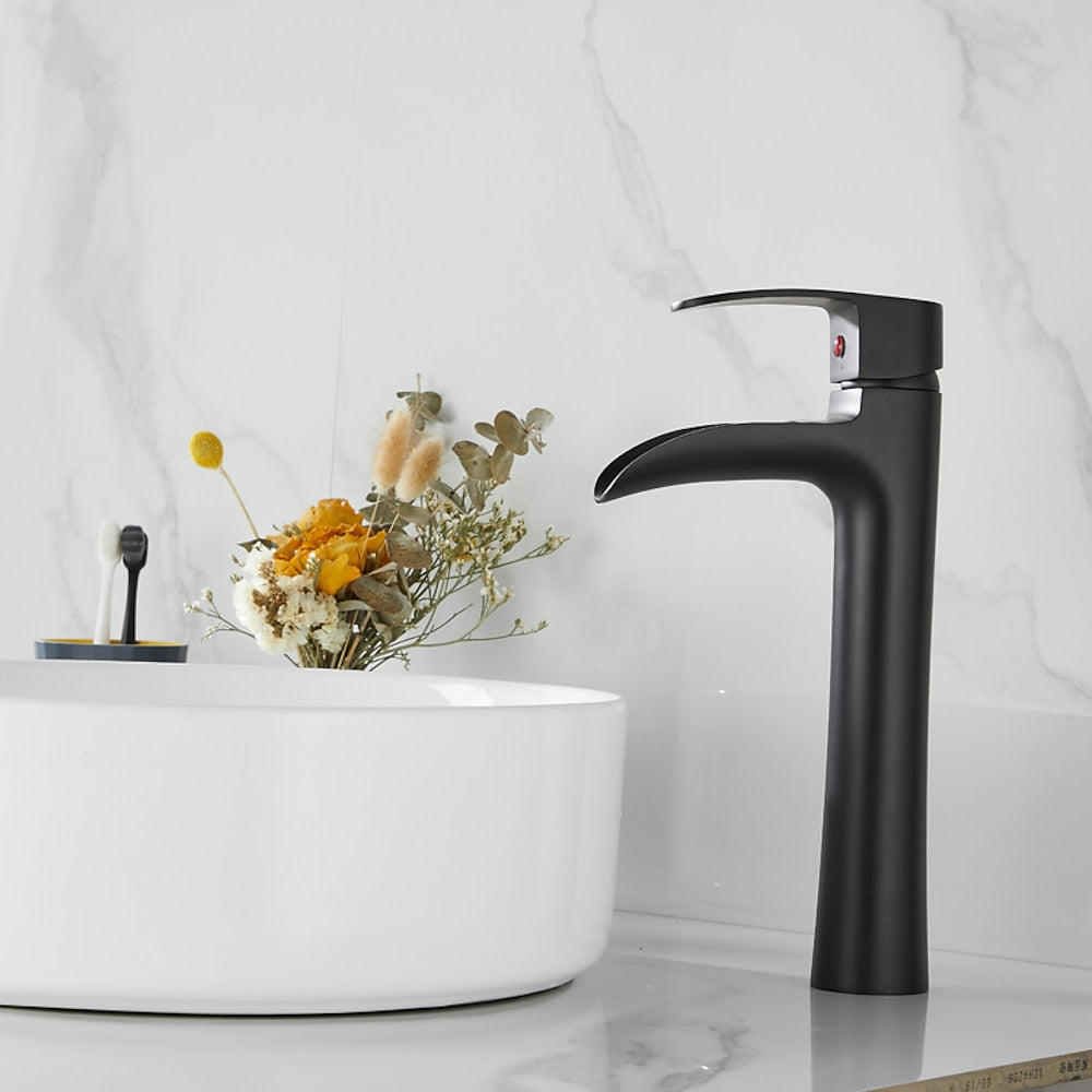 Modern Waterfall Vessel Sink Faucet, Single-Handle Brass Faucet, Matte Black / Chrome