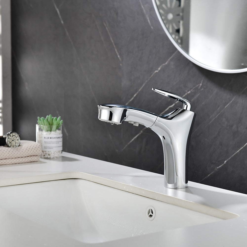 Pull-Out Single-Hole Bathroom Faucet, Single-Handle Brass Faucet, Brushed Gold / Matte Black / Matte White / Chrome / Gunmetal