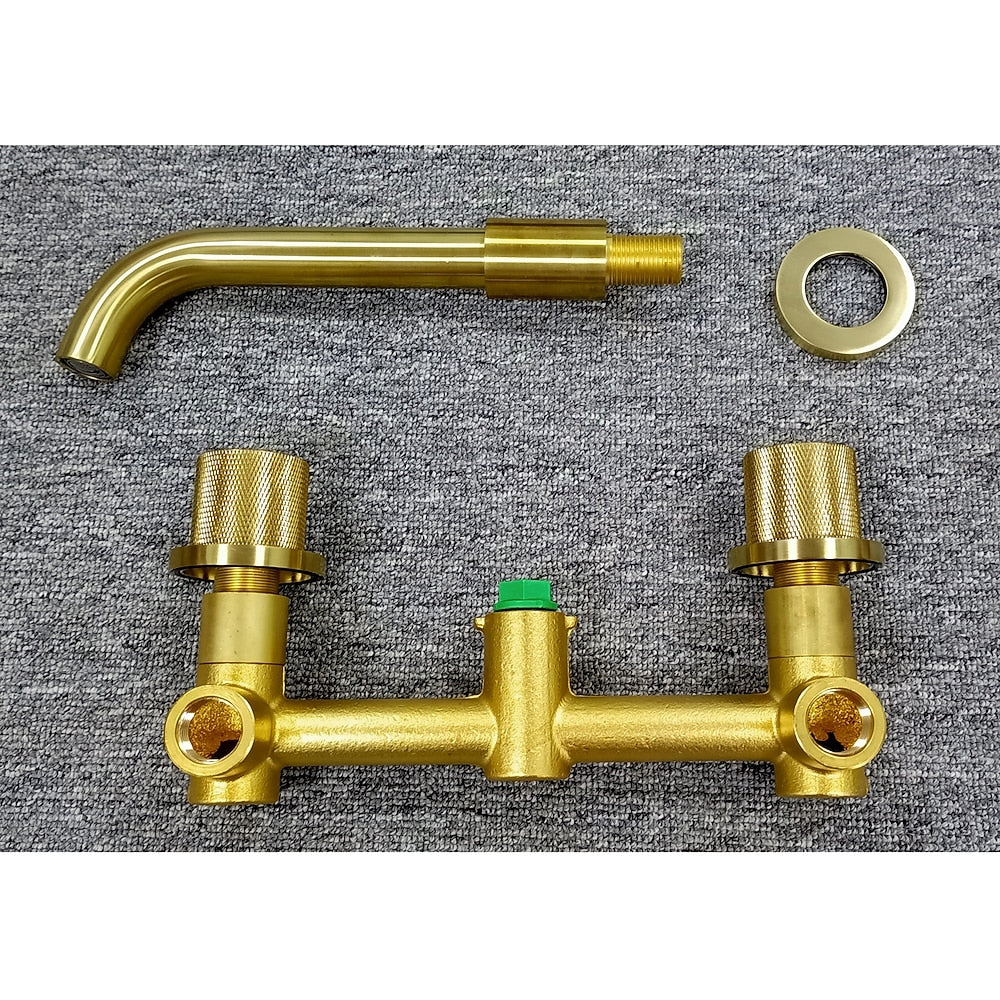 Brushed Gold Modern Wall-Mount Bathroom Sink Faucet, Dual-Handle Brass Faucet with Knurled Handles