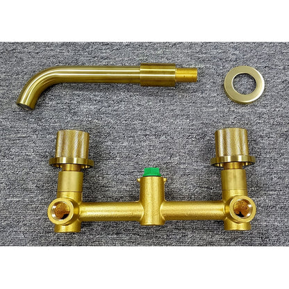Brushed Gold Modern Wall-Mount Bathroom Sink Faucet, Dual-Handle Brass Faucet with Knurled Handles
