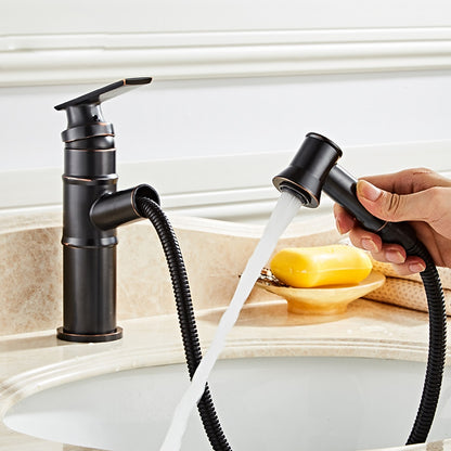 Pull-Out Spray Single-Hole Faucet, Single-Handle Brass Vintage Bathroom Faucet, Matte Black / Oil-Rubbed Bronze / Antique Brass / Brushed Nickel