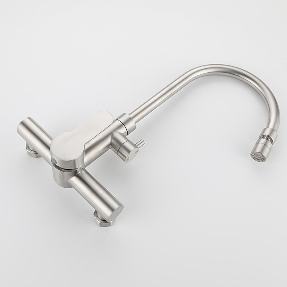 Brushed Nickel Modern Wall-Mount Kitchen Faucet, Dual-Hole Single-Handle Faucet with Handheld Bidet Sprayer