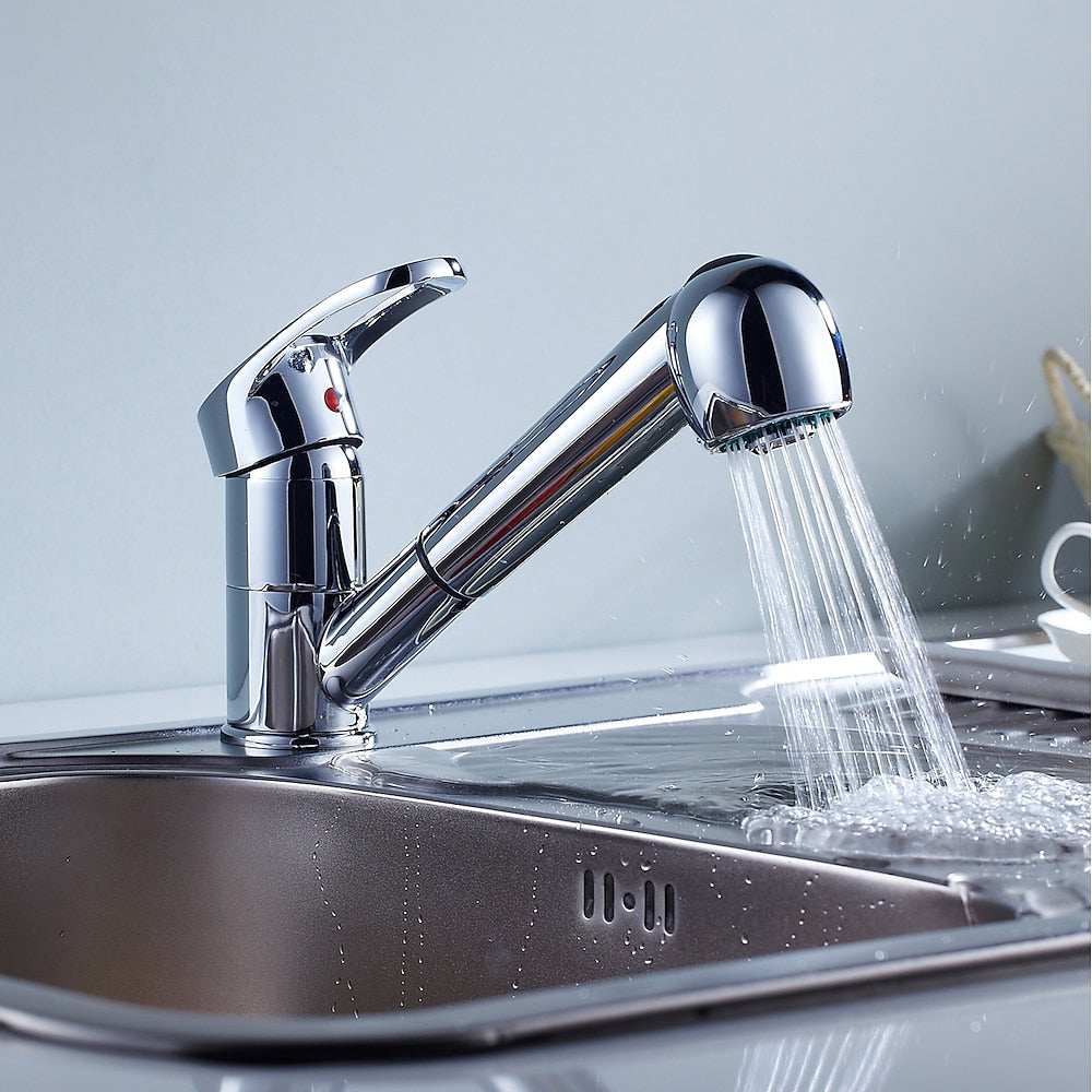 Chrome Pull-Out Kitchen Faucet, Single-Handle Single-Hole Brass Faucet