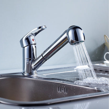 Chrome Pull-Out Kitchen Faucet, Single-Handle Single-Hole Brass Faucet