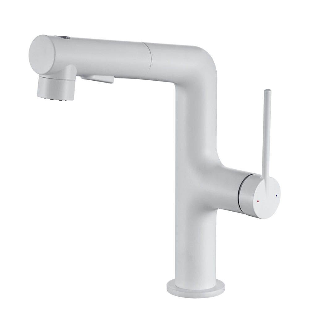 Pull-Out Spray Bathroom Faucet, Modern Single-Hole Single-Handle Brass Faucet, Gunmetal / Matte Black / Brushed Gold / Matte White / Chrome