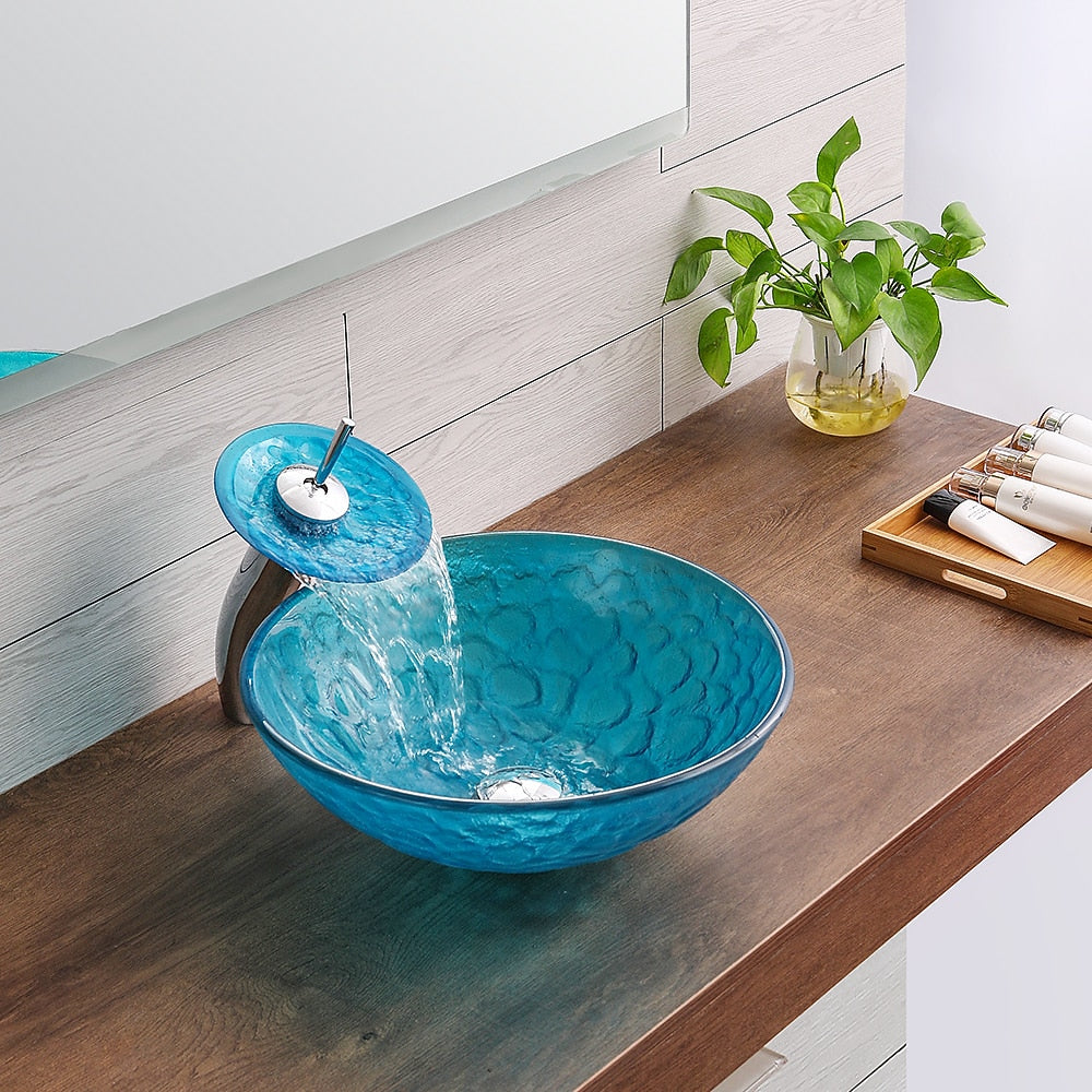 Blue Tempered Glass Vessel Sink with Chrome Waterfall Faucet, Modern Single-Hole Bathroom Vanity Basin Set with Pop-Up Drain