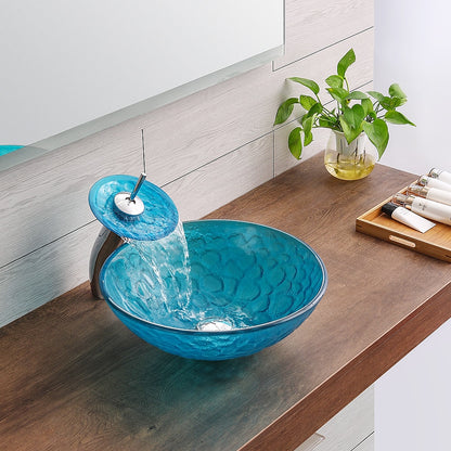 Blue Tempered Glass Vessel Sink with Chrome Waterfall Faucet, Modern Single-Hole Bathroom Vanity Basin Set with Pop-Up Drain