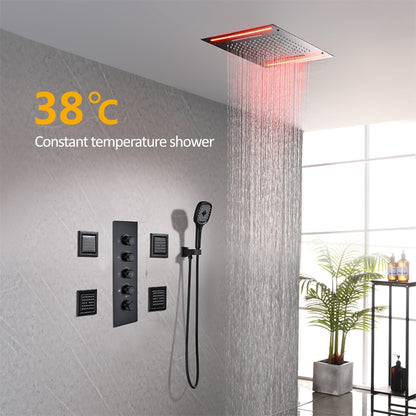 Matte Black LED Rainfall Waterfall Complete Shower System, Ceiling Mounted Thermostatic Valve Shower Set with Handheld Shower / Body Jets