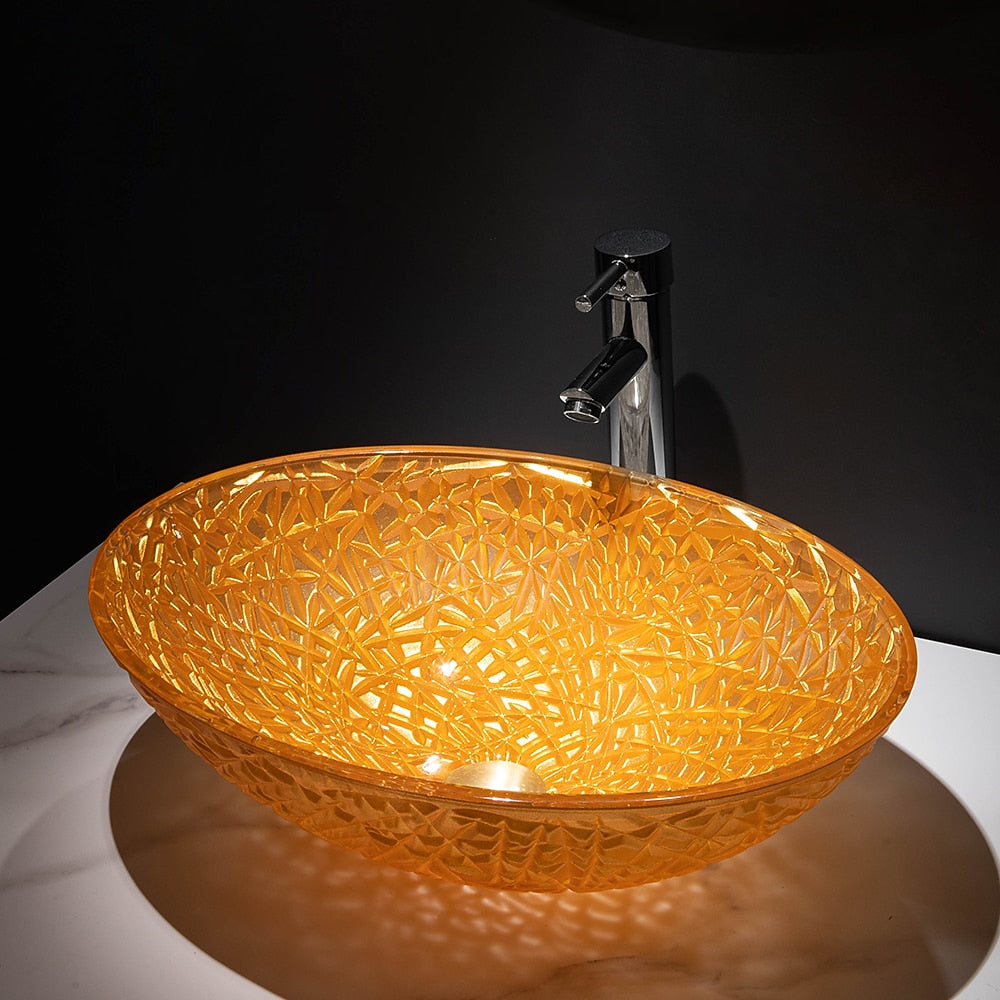 Orange Oval Glass Vessel Sink with Chrome Faucet, Single-Handle Bathroom Vessel Faucet with Pop-Up Drain