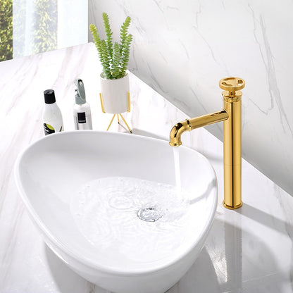 Modern Industrial Vessel Sink Bathroom Faucet, Single-Hole Single-Handle Faucet with Wheel Handle, Polished Gold / Matte Black