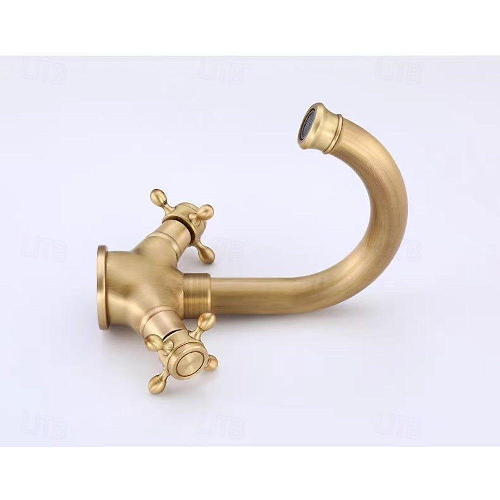 Antique Brass Swivel Spout Bathroom Faucet, Single-Hole Dual Cross Handle Vanity Faucet