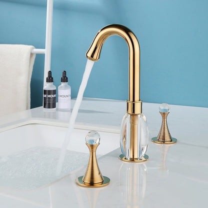 Polished Gold Modern Widespread Bathroom Faucet, High Arc Dual Crystal Knob Faucet