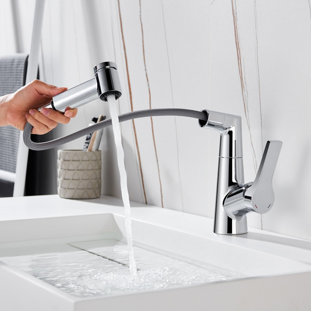 Pull-Out Single-Hole Bathroom Faucet, Single-Handle Brass Faucet, Brushed Gold / Chrome / Matte Black / Gunmetal