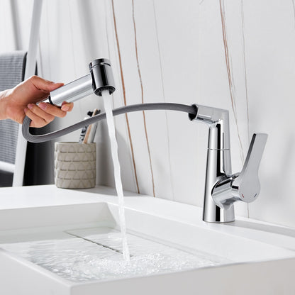 Pull-Out Single-Hole Bathroom Faucet, Single-Handle Brass Faucet, Brushed Gold / Chrome / Matte Black / Gunmetal