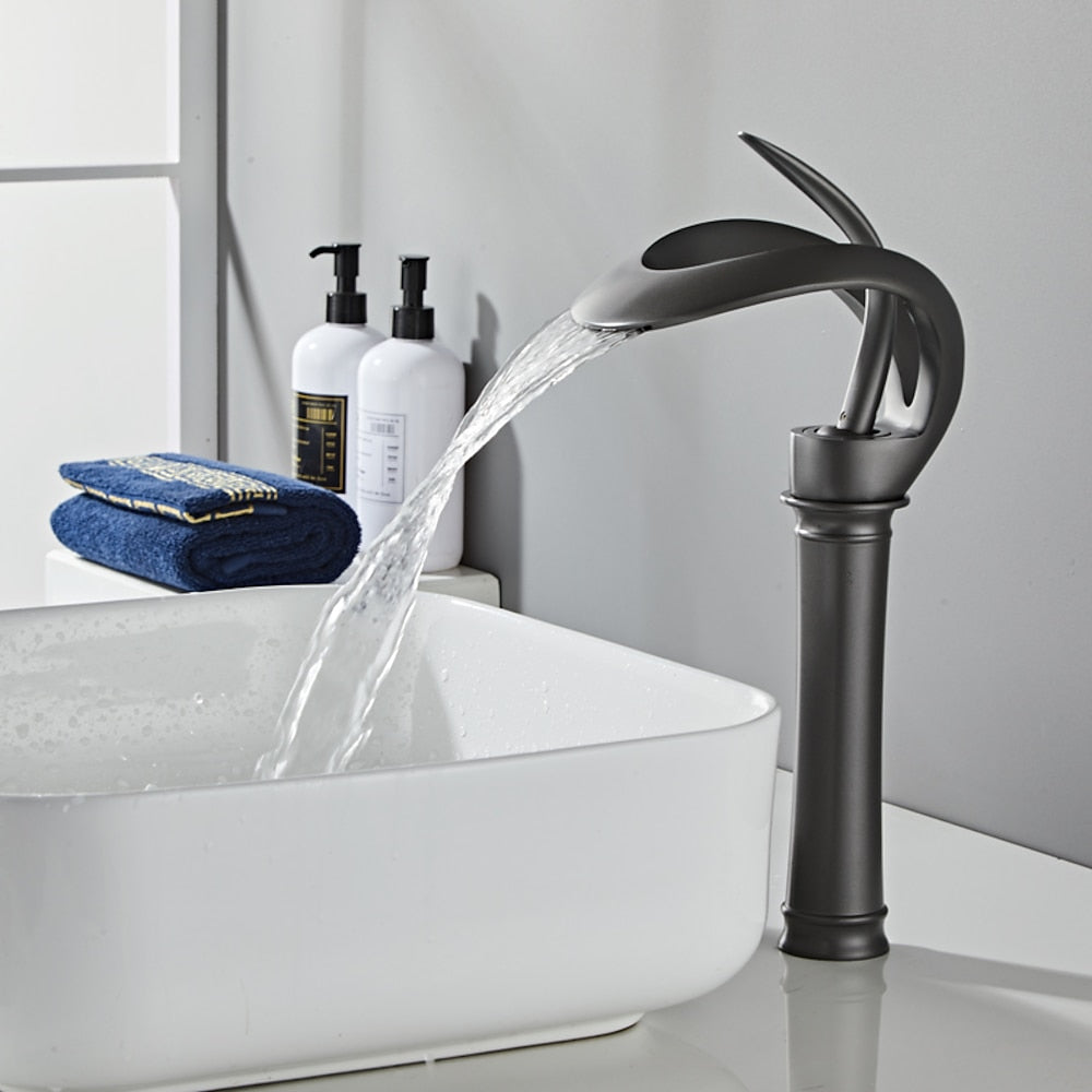 Waterfall Modern Bathroom Faucet, Single-Handle Single-Hole Brass Faucet, Matte Black / Chrome / Polished Gold / Gunmetal / Matte White