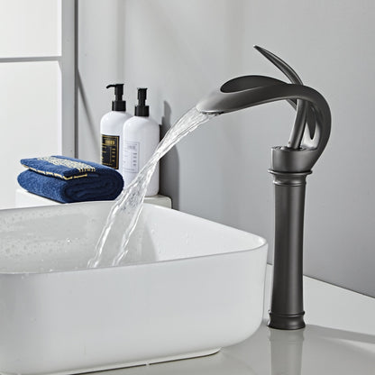 Waterfall Single-Hole Bathroom Faucet, Single-Handle Brass Vessel Sink Faucet, Matte Black / Chrome / Brushed Gold / Matte White / Gunmetal