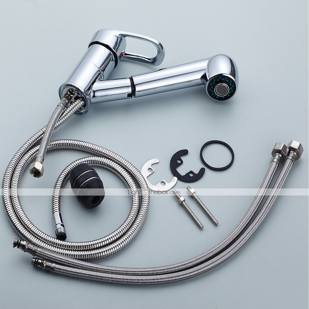 Chrome Pull-Out Kitchen Faucet, Single-Handle Single-Hole Brass Faucet