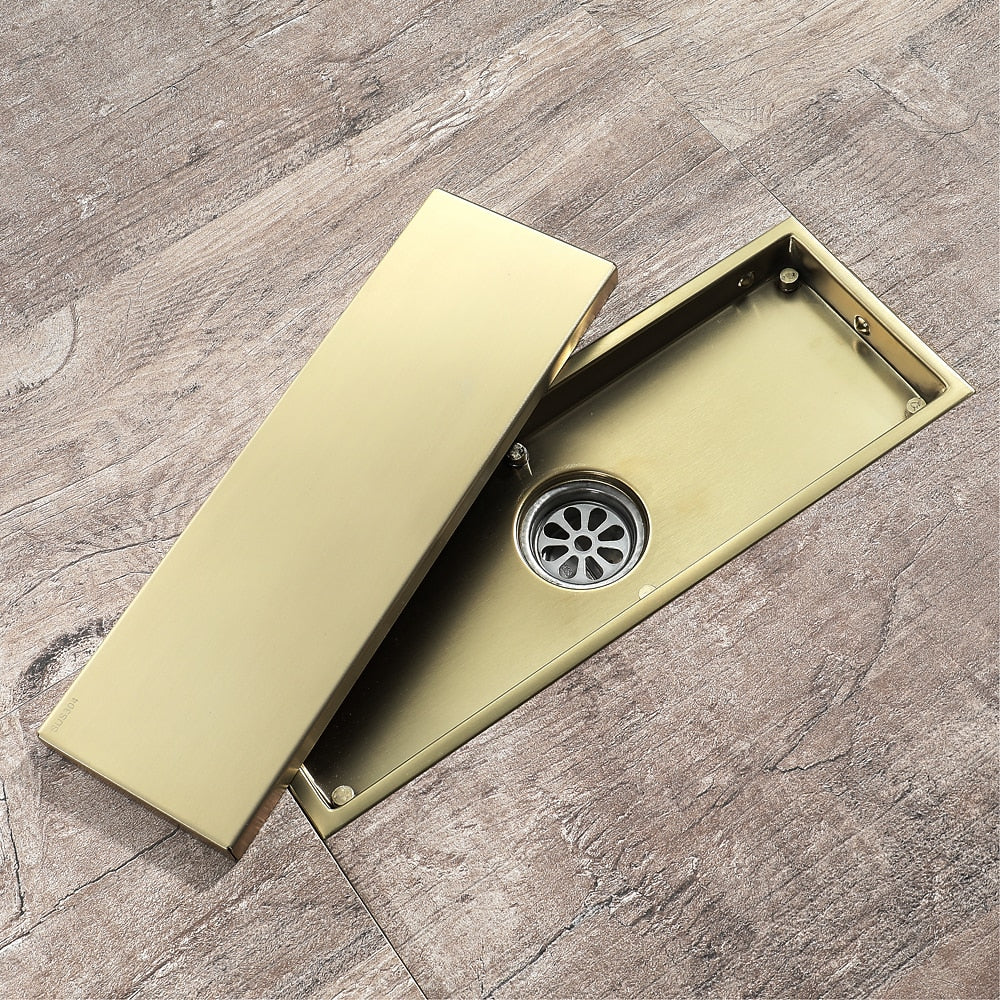Brushed Gold Stainless Steel Floor Drain, Linear Tile Insert Drain with Hair Strainer