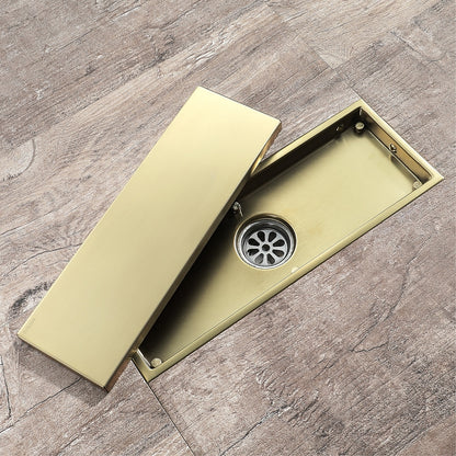 Brushed Gold Stainless Steel Floor Drain, Linear Tile Insert Drain with Hair Strainer