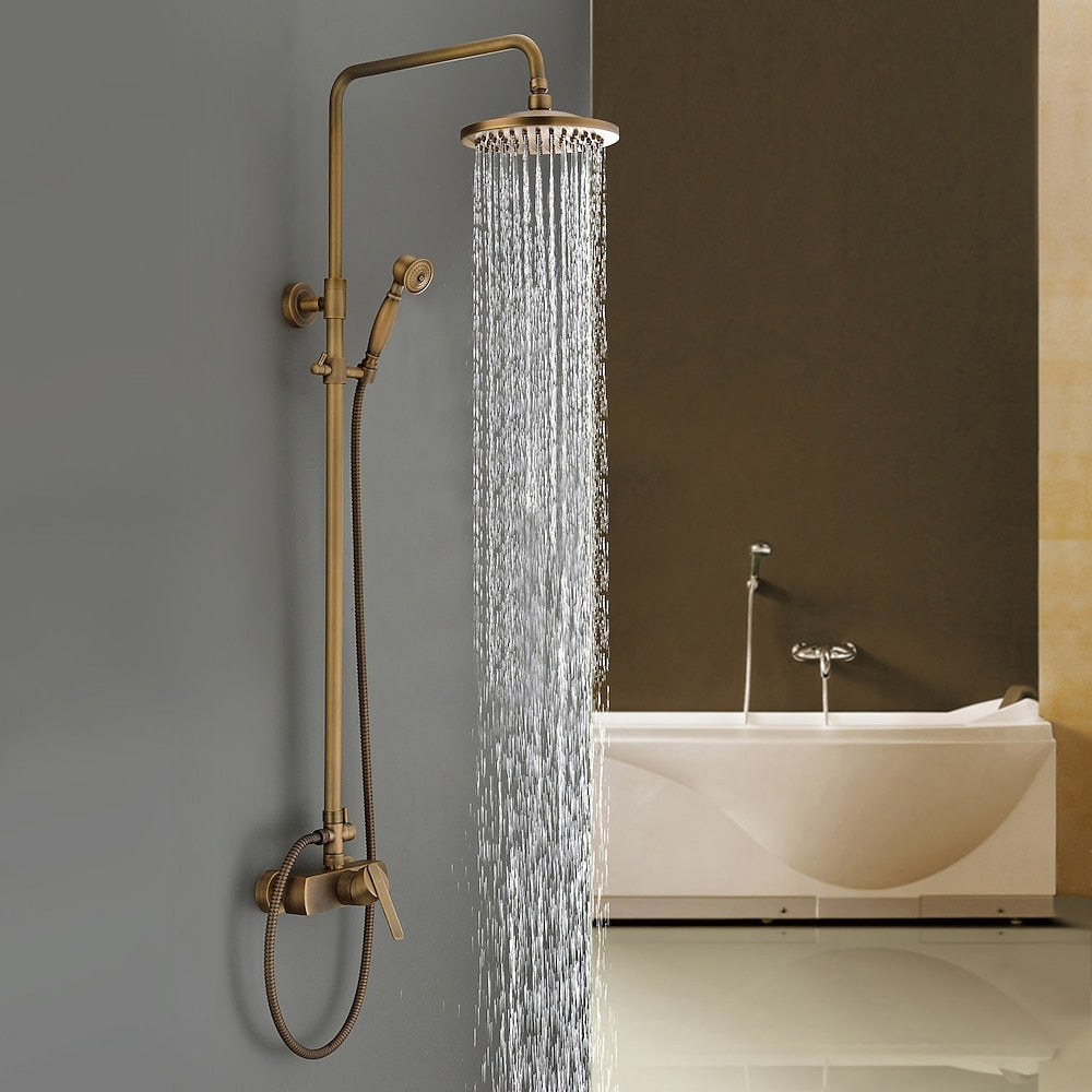 Traditional Antique Brass Wall-Mount Shower System, Single-Handle Exposed Pipe Faucet with 8-Inch Rainfall Shower Head, Handheld Sprayer
