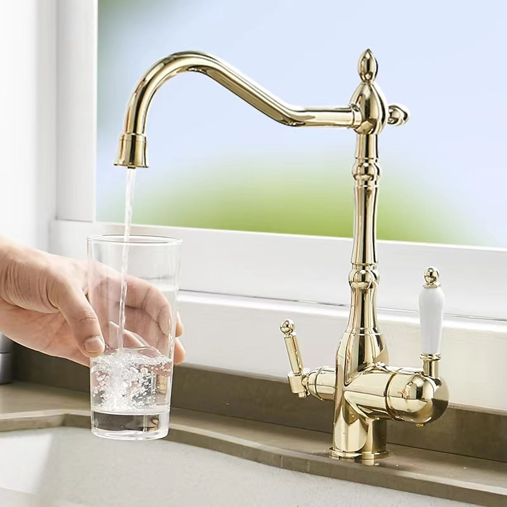 Traditional Brass 3-Way Purified Water Kitchen Faucet, Dual-Handle Swivel Spout Faucet, Antique Brass / Chrome / Matte Black / Polished Gold