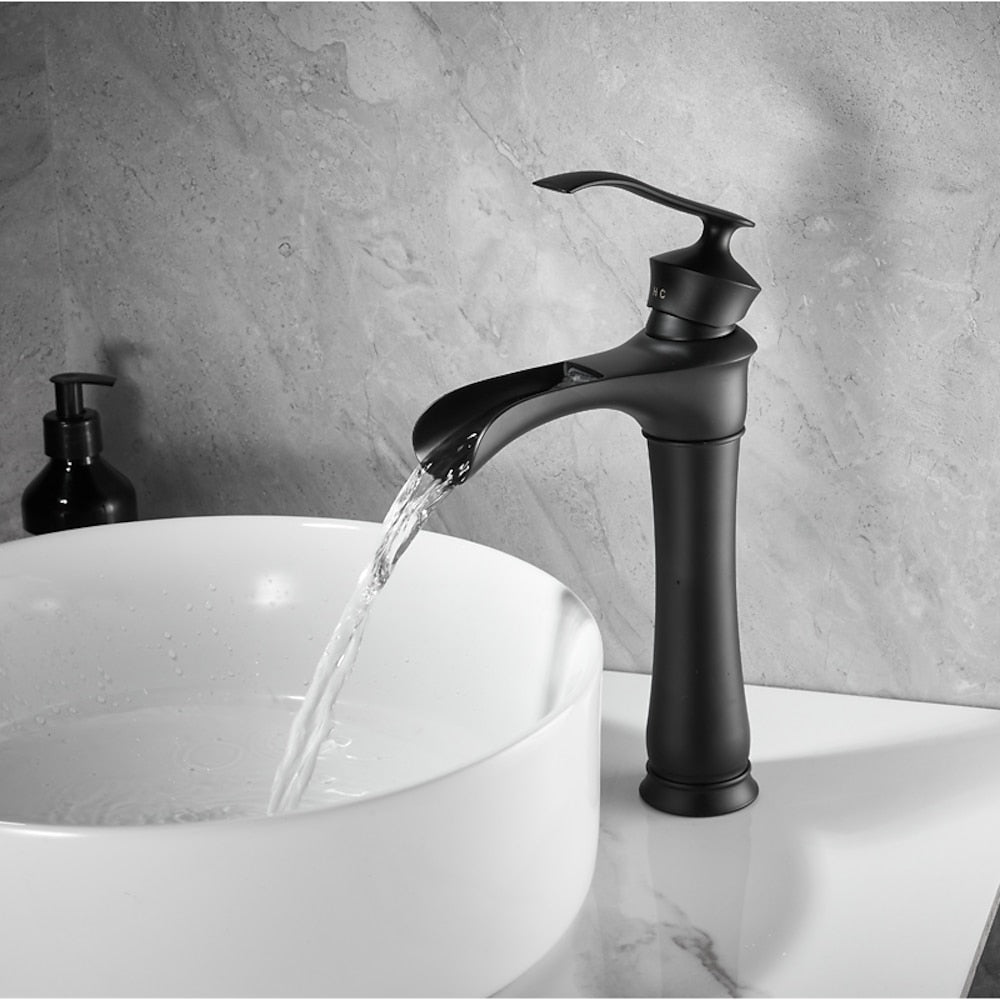 Matte Black Waterfall Vessel Bathroom Faucet, Single-Handle Single-Hole Basin Faucet