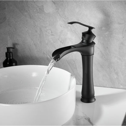 Matte Black Waterfall Vessel Bathroom Faucet, Single-Handle Single-Hole Basin Faucet