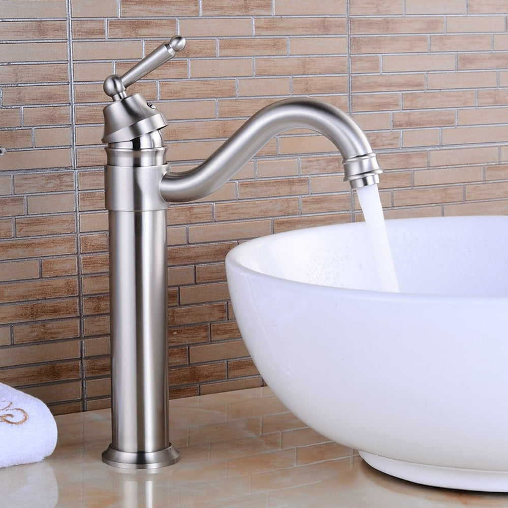 Antique Single-Hole Bathroom Faucet, Single-Handle Brass Faucet with Swivel Spout, Antique Brass / Oil-Rubbed Bronze / Brushed Nickel / Chrome / Polished Gold