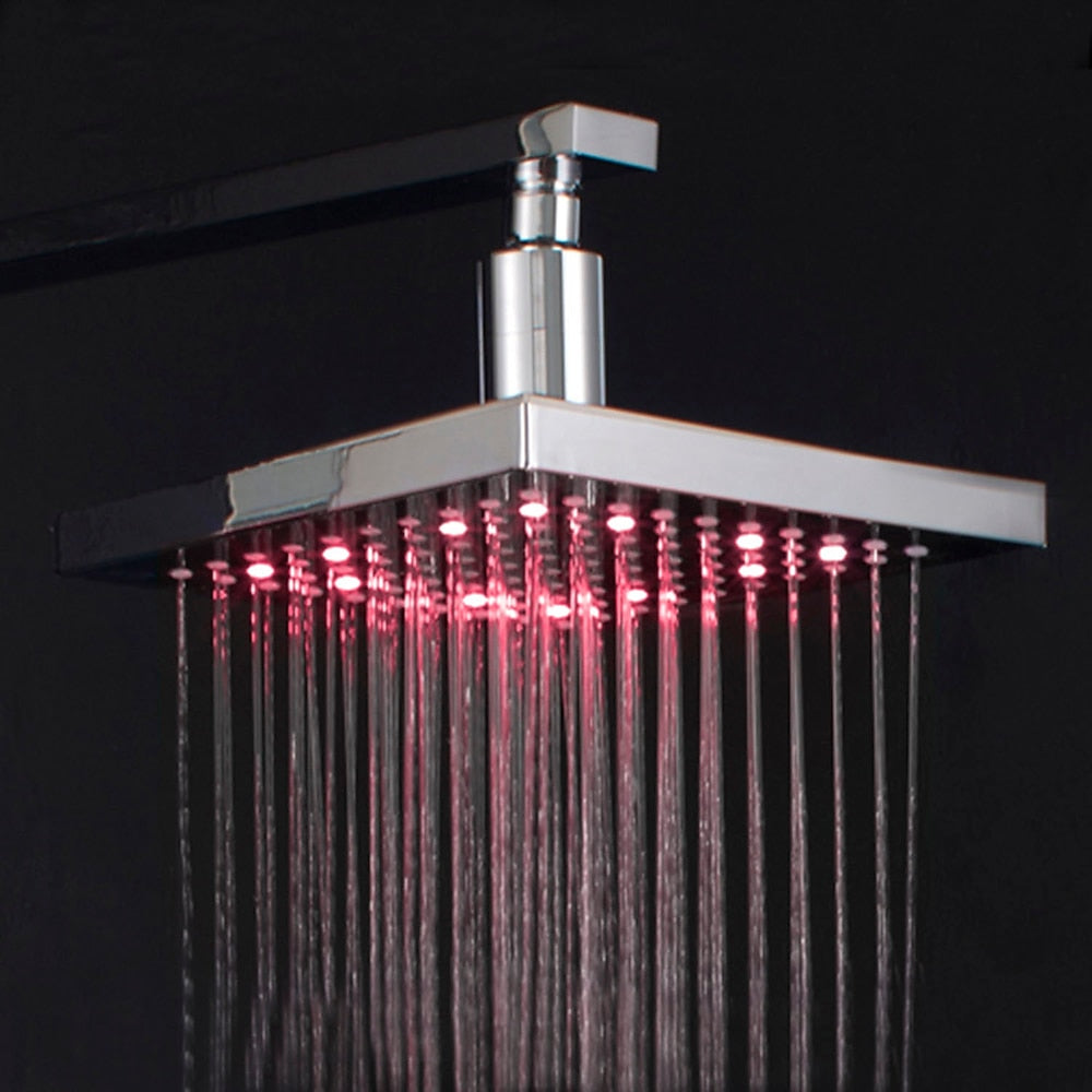 Chrome LED Rainfall Shower Head, Square Temperature-Controlled Top Spray Shower Head