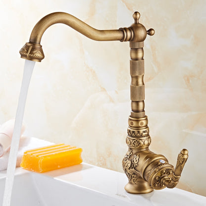Antique Brass Traditional Single-Handle Kitchen Faucet, High Arc Swivel Spout Sink Faucet with Water Inlet Hoses