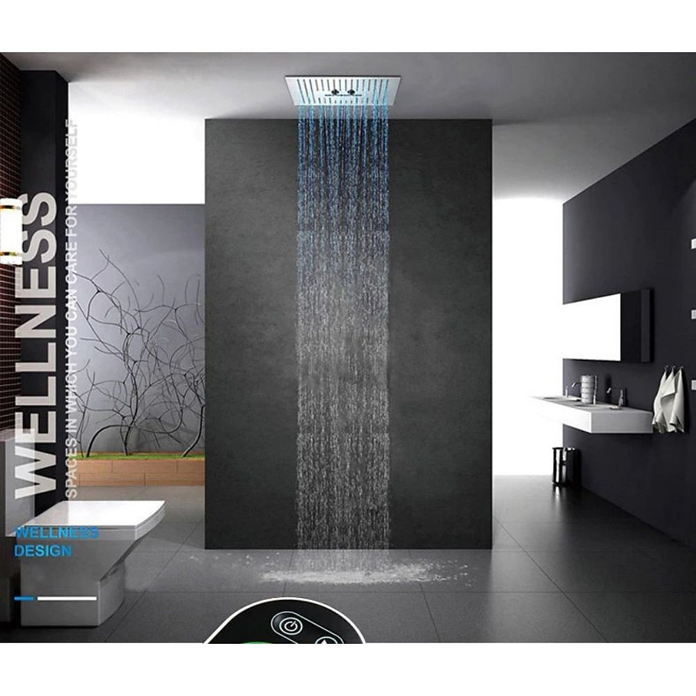 Chrome LED Waterfall Ceiling-Mount Shower Head, Large Square Stainless Steel Shower Head