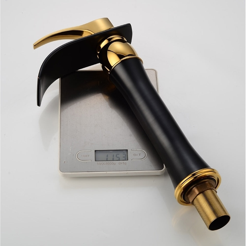 Modern Waterfall Vessel Sink Faucet, Two-Tone Matte Black Gold Single-Handle Faucet