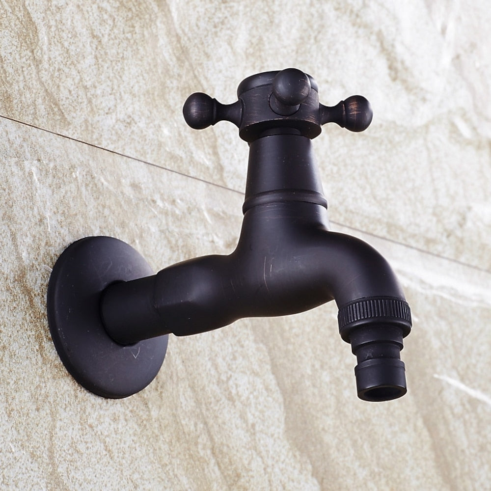 Vintage Wall-Mount Solid Brass Faucet, Single-Cold Cross Handle Faucet, Matte Black / Antique Brass