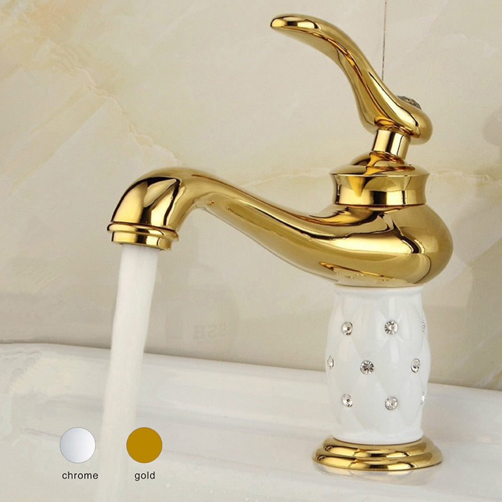 Vintage Rhinestone Ceramic Bathroom Faucet, Single-Hole Single-Handle Brass Faucet, Chrome / Polished Gold