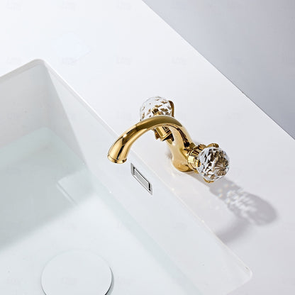 Polished Gold Modern Bathroom Faucet, Single-Hole Brass Vanity Faucet with Crystal Knob Handles