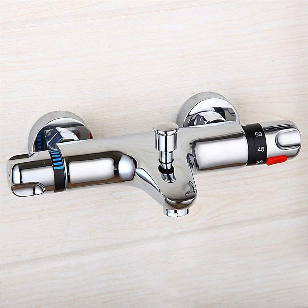 Chrome Thermostatic Wall-Mounted Bath Shower Mixer Valve, Exposed Brass Tub Faucet with Diverter Spout