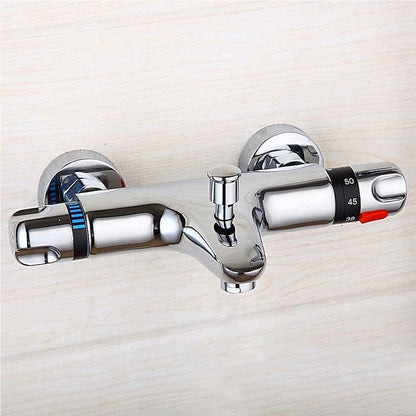 Chrome Thermostatic Wall-Mounted Bath Shower Mixer Valve, Exposed Brass Tub Faucet with Diverter Spout