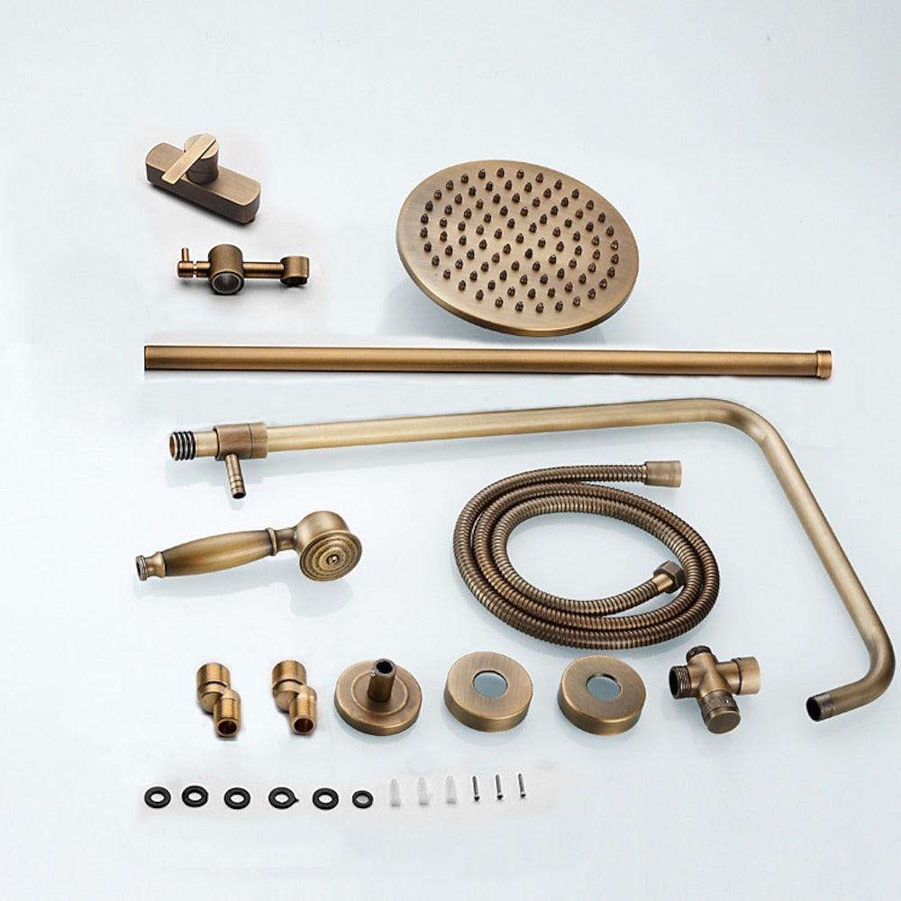 Antique Brass Wall-Mounted Shower System, Rainfall Shower System with Handheld Shower