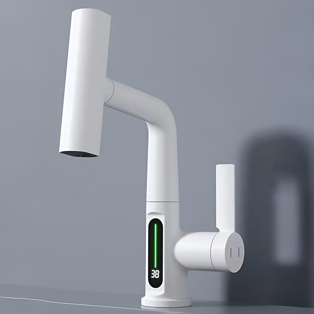 Modern LED Temperature Display Pull-Out Bathroom Faucet, Single-Handle Swivel Faucet, Matte Black / Chrome / Matte White / Gunmetal