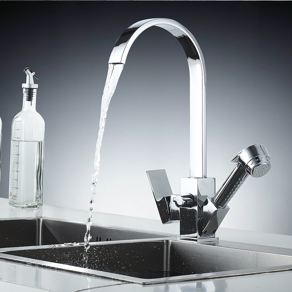 Chrome Pull-Out Sprayer Kitchen Faucet, Modern Single-Handle High Arc Faucet