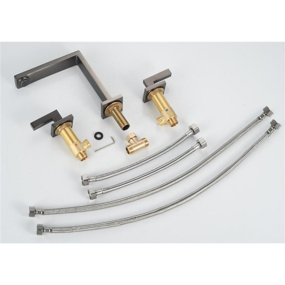 Modern 3-Hole Widespread Bathroom Faucet, Dual-Handle 360-Degree Swivel Brass Faucet, Matte Black / Chrome / Matte White / Antique Brass / Brushed Gold / Gunmetal