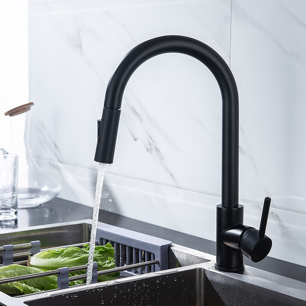 Modern Pull-Down Kitchen Faucet, Single-Handle Swivel Spout Faucet, Matte Black / Brushed Gold / Brushed Nickel / Chrome / Gunmetal