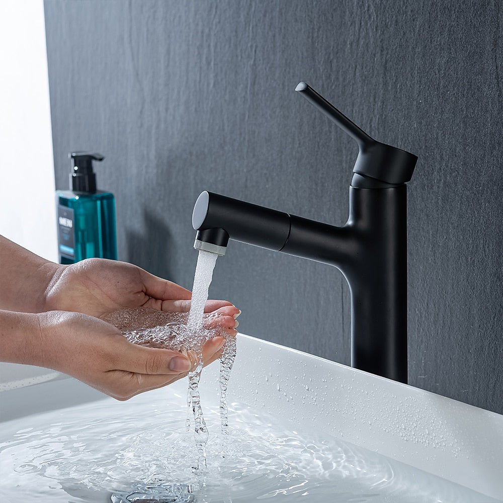 Pull-Out Single-Hole Bathroom Faucet, Modern Single-Handle Basin Faucet with 2-Mode Sprayer, Matte Black / Brushed Gold / Gunmetal