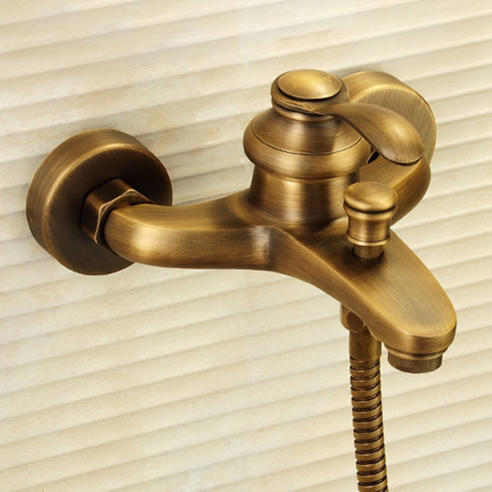 Antique Brass Wall-Mount Tub Faucet, Single-Handle Brass Tub Filler Faucet with Hand Shower