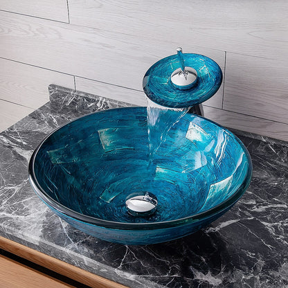 Blue Tempered Glass Round Vessel Sink with Chrome Waterfall Faucet, Single-Handle Bathroom Faucet Combo with Pop-Up Drain